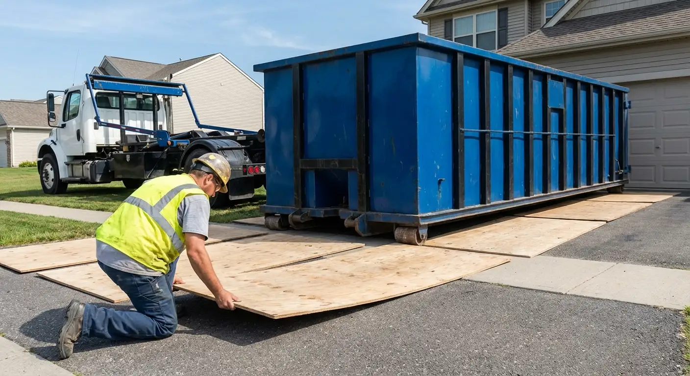 Driveway protection and delivery preparation for dumpster rental in Aurora, CO