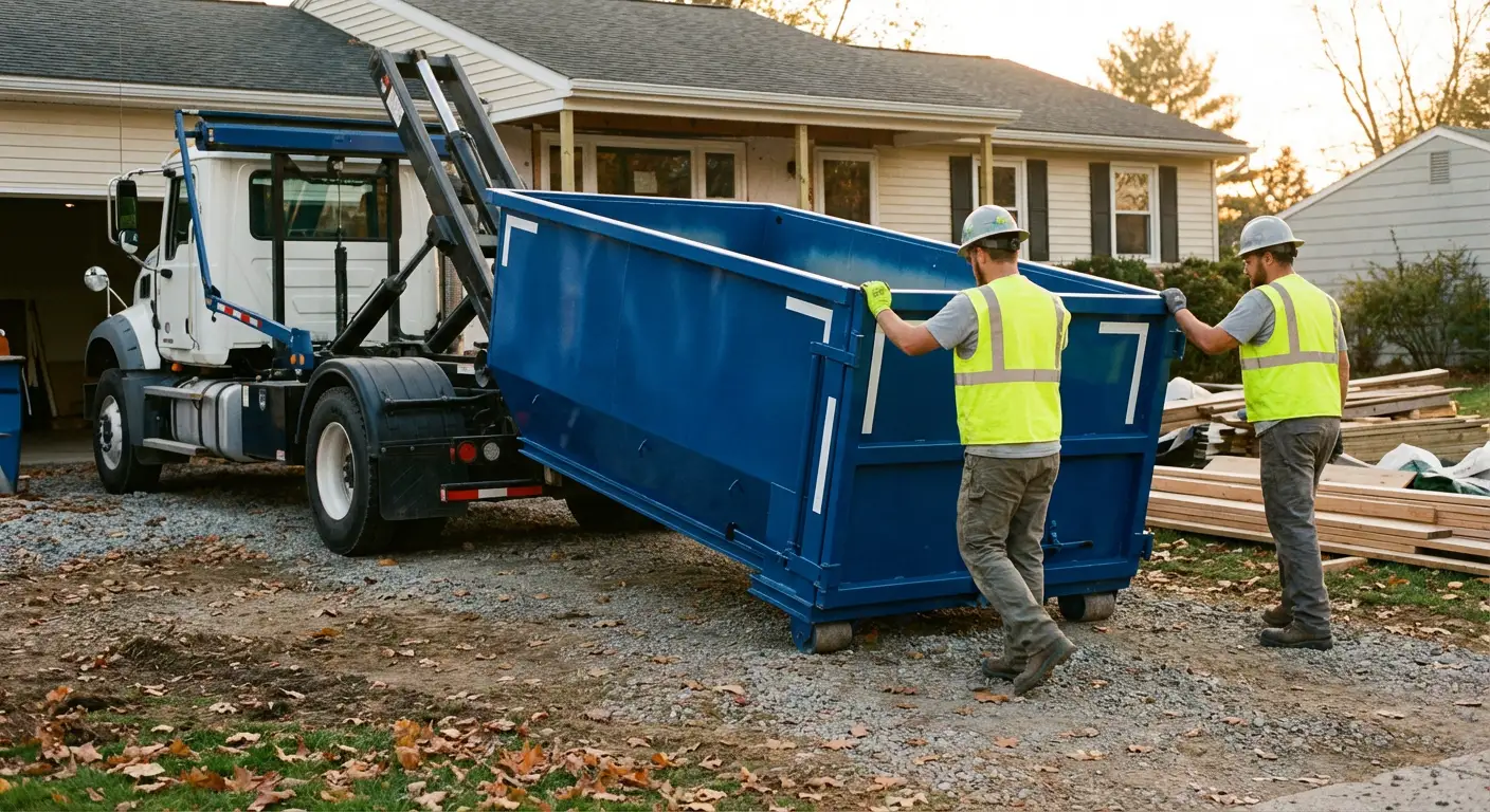 Construction dumpster delivery truck in action in Aurora, CO