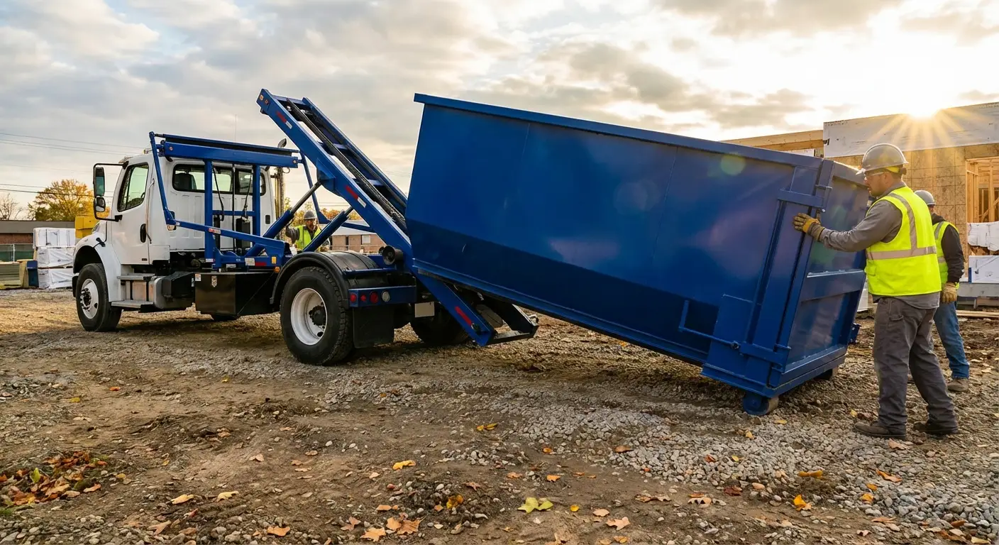 Construction dumpster delivery truck at job site in Aurora, CO