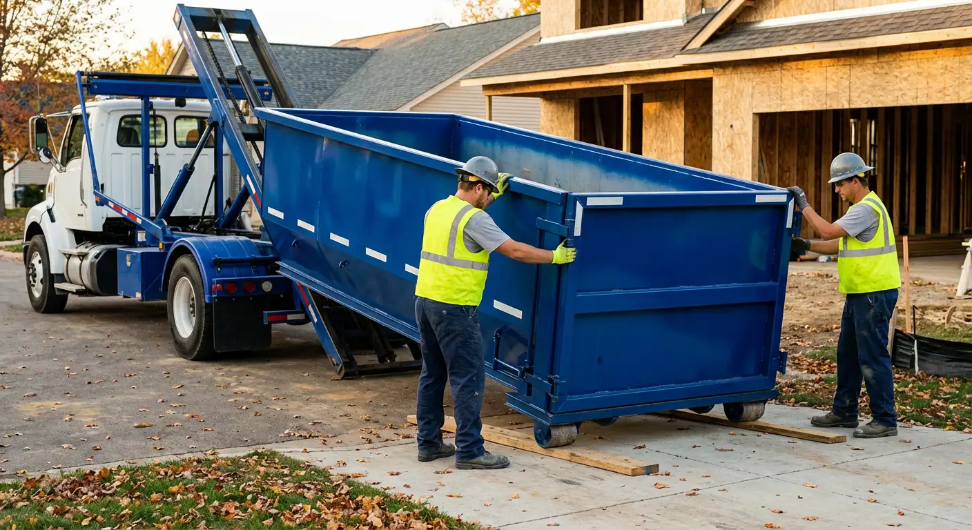 Roll-off dumpster delivery truck in residential area in Aurora, CO