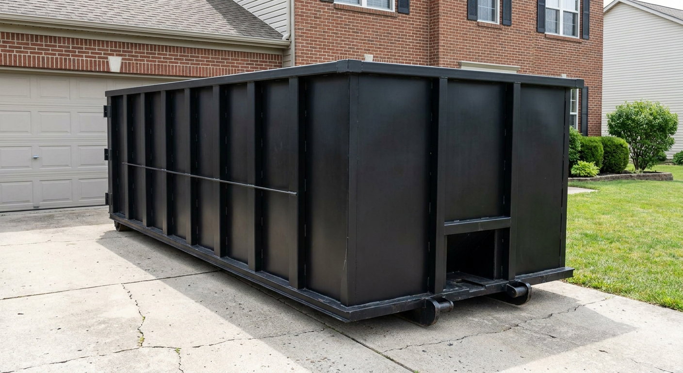 Matte-black 20-yard roll-off container on a Aurora residential concrete driveway with reinforced ribbed steel sidewalls and a hinged rear walk-in door, clean bright daylight.