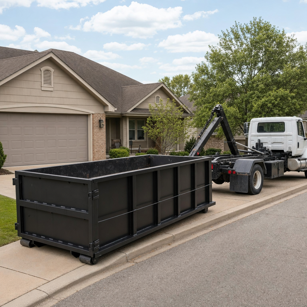Wide documentary shot of a matte-black roll-off dumpster on a Aurora residential driveway in the foreground and a contractor jobsite container in the soft-focus background, bright daylight, calm and orderly composition.
